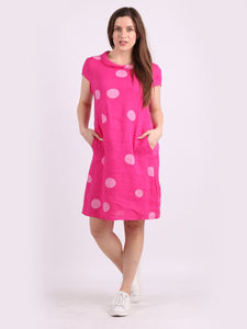 Italian Slim Fit Polka Dot Fuschia Linen Dress Sz 8-14