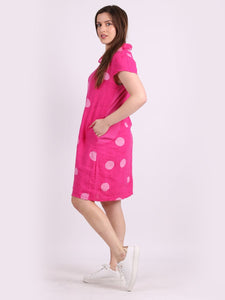 Italian Slim Fit Polka Dot Fuschia Linen Dress Sz 8-14