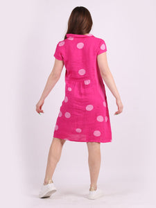 Italian Slim Fit Polka Dot Fuschia Linen Dress Sz 8-14