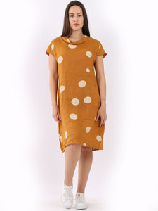 Italian Slim Fit Polka Dot Mustard Linen Dress Sz 8-14