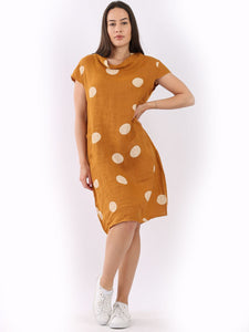 Italian Slim Fit Polka Dot Mustard Linen Dress Sz 8-14