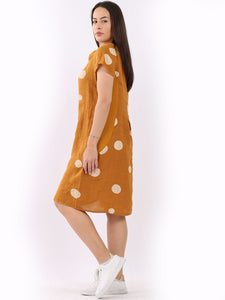 Italian Slim Fit Polka Dot Mustard Linen Dress Sz 8-14