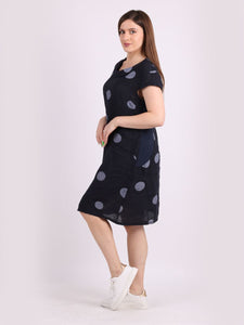 Italian Slim Fit Polka Dot Navy Linen Dress Sz 8-14
