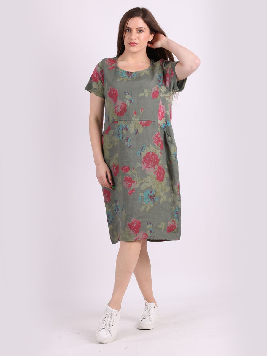 Italian Classic Shift Rose Khaki Linen Dress Sz 10-16
