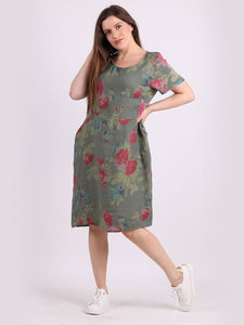 Italian Classic Shift Rose Khaki Linen Dress Sz 10-16