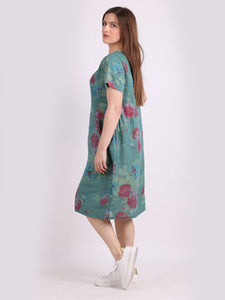 Italian Classic Shift Rose Ocean Green Linen Dress Sz 10-16