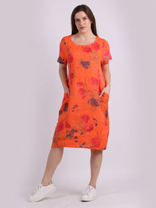 Italian Classic Shift Rose Orange Linen Dress Sz 10-16