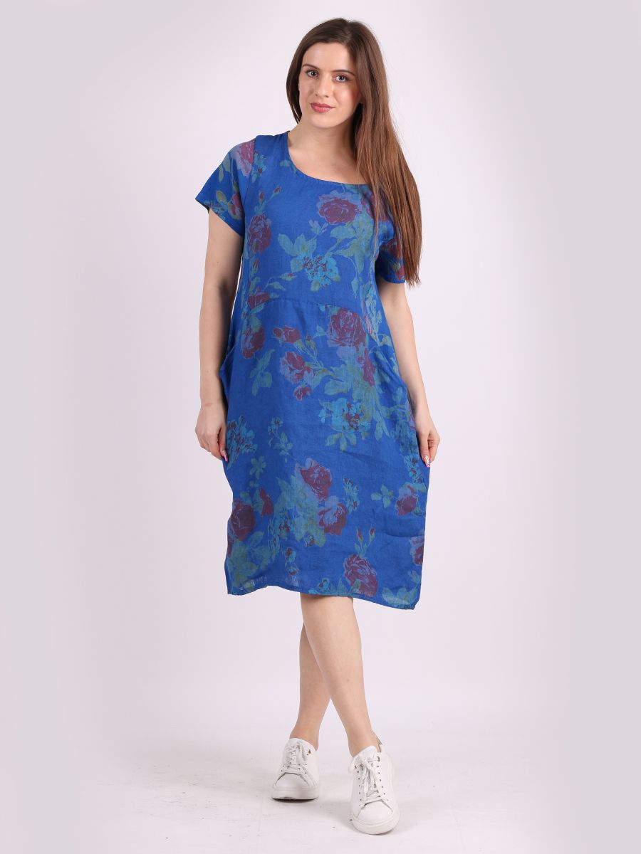 Italian Classic Shift Rose Blue Linen Dress Sz 10-16