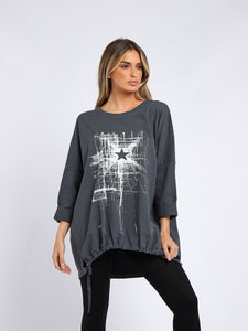 Italian Abstract Star Charcoal Cotton Top Sz 14-20