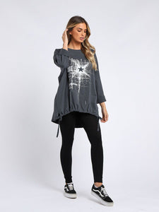 Italian Abstract Star Charcoal Cotton Top Sz 14-20