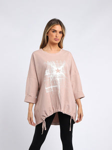 Italian Abstract Star Soft Pink Cotton Top Sz 14-20